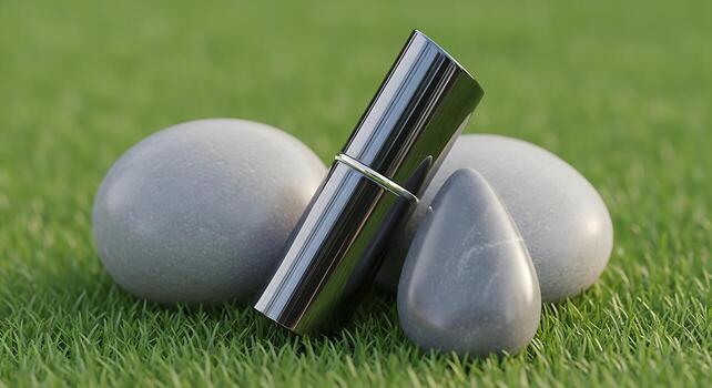 Abstract 3D Render Balancing Stones and Minimalist Objects on Green Grass photo