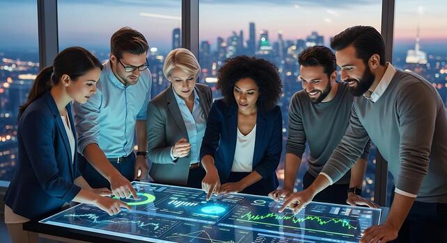 Business Team Analyzing Data on Interactive Digital Display in Modern Office photo