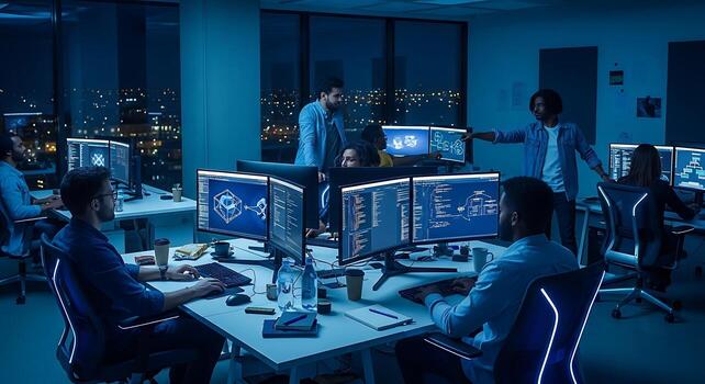 Tech Team Collaborating in Modern Software Development Office photo