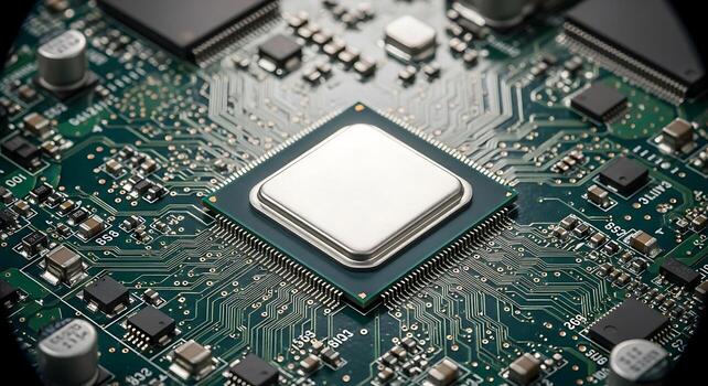 Close up of a Modern Circuit Board with Processor Technology Background photo
