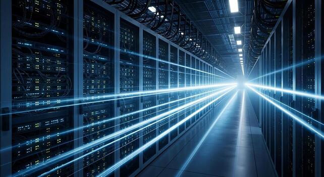 Data Center Server Hallway with Data Transmission Lines Technology and Infrastructure photo