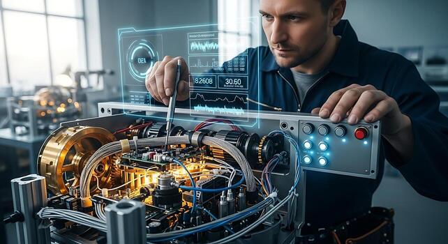 Engineer Working on Advanced Electronic Circuitry with Augmented Reality Interface photo