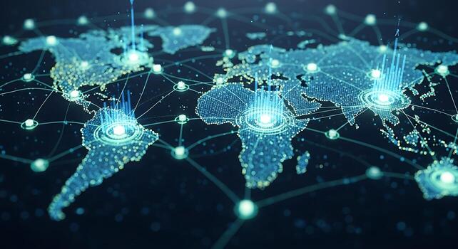 Global Network and Technology Connections World Map Showing Data Transfer Visualization photo