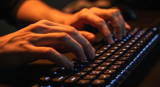 Hands Typing on Computer Keyboard Technology Coding Online Software Close up photo