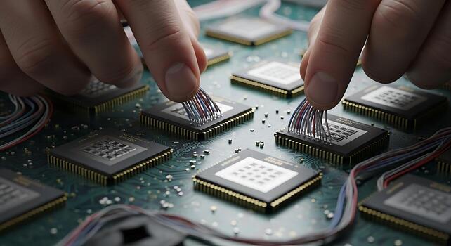 Hands Installing Microchips on a Circuit Board Technology and Electronics photo