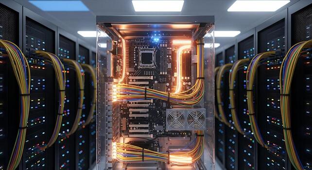 Server Rack with Open Case and Data Cables Data Center Technology Concept photo