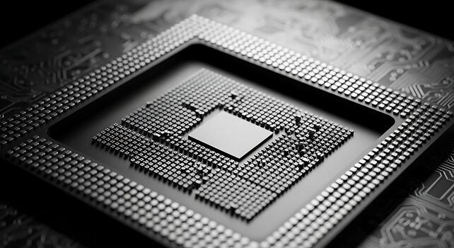 Close up of a Central Processing Unit CPU Microchip Electronic Components Modern Computer Technology photo