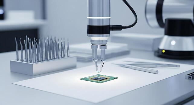 Robotic Arm Placing Microchip on Circuit Board Semiconductor Automation Concept photo