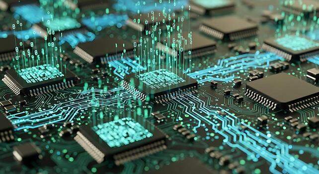 Digital Transformation Integrated Circuit Board with Binary Code Technology Background photo