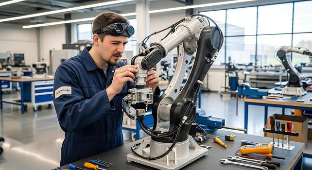 Robotics Engineer Working on Robotic Arm in Modern Workshop photo