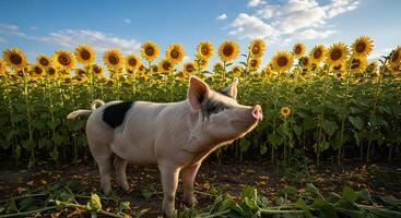 contento cerdo en un girasol campo foto