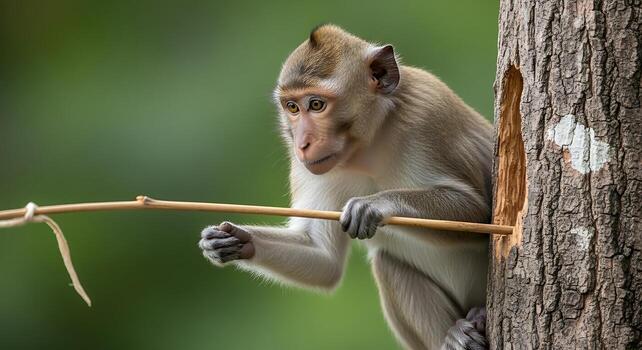 Monkey with a stick exploring the inside of a tree hollow in a lush green forest photo