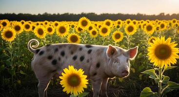 cerdo en girasol campo a puesta de sol granja animal verano agricultura foto