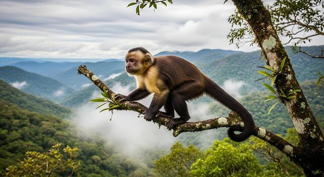 Capuchin Monkey Perched on Tree Branch with Mountain View Background photo