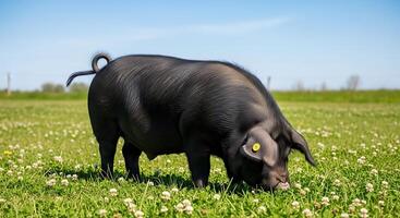 negro cerdo pasto en un verde campo debajo azul cielo foto