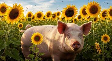 contento cerdo en un girasol campo rural escena con linda granja animal foto