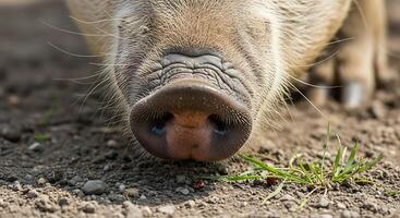 cerca arriba de un cerdo s hocico con detallado textura y bigote foto
