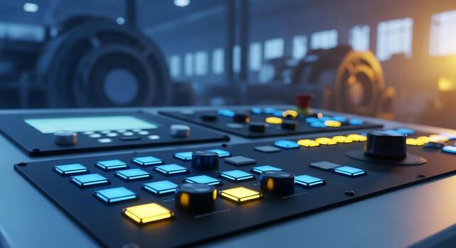 Modern Control Panel with Illuminated Buttons and Display in Industrial Setting photo