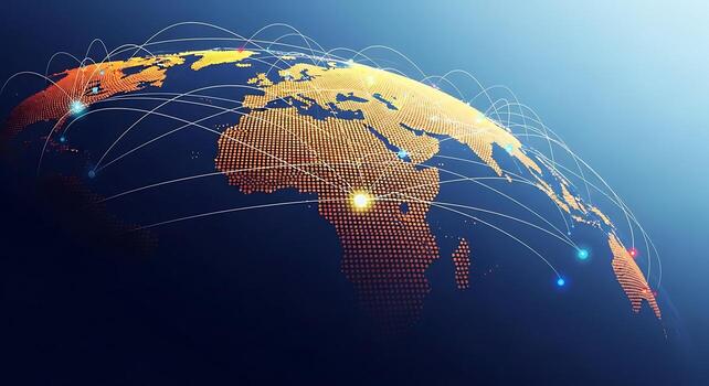 Global Network Connectivity Digital World Map with Interconnected Lines and Glowing Nodes photo