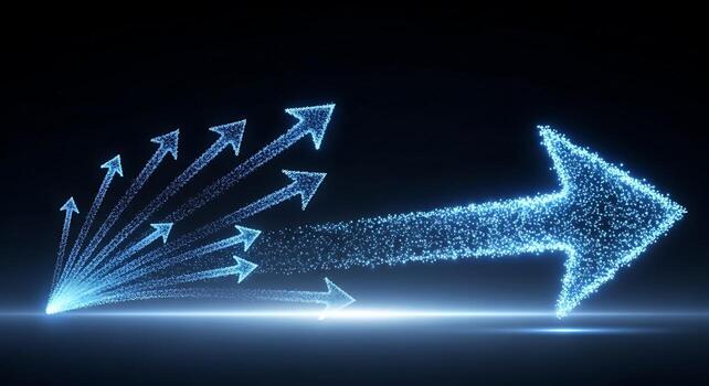 Digital Blue Arrows Emerging from Particles symbolizing progress direction and new beginnings in technology and business growth photo