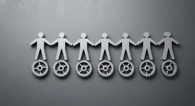Teamwork as Gears in a Machine Human Figures Connected and Rotating on Cogs for Synergy photo