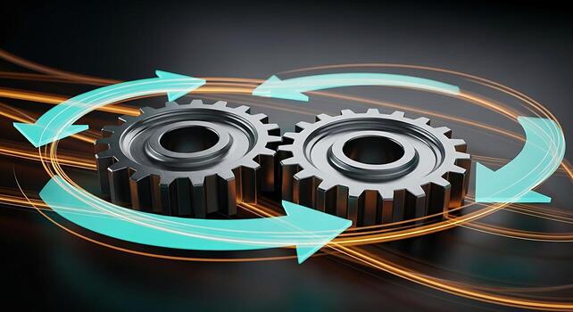 Interlocking Gears and Arrows Symbolizing Synergy Integration and Workflow Automation in Business and Technology photo