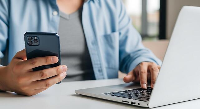 Man Using Laptop and Phone While Working Remotely photo