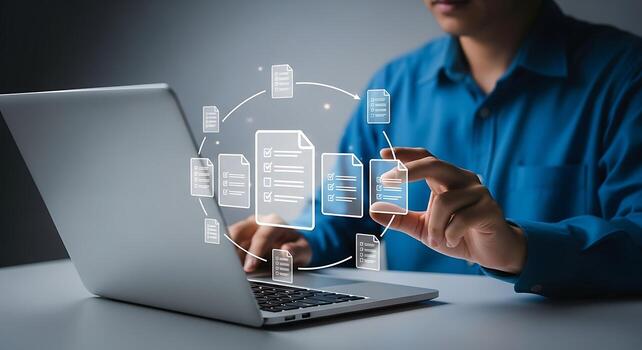 Digital transformation process with laptop and document management concept document flow photo