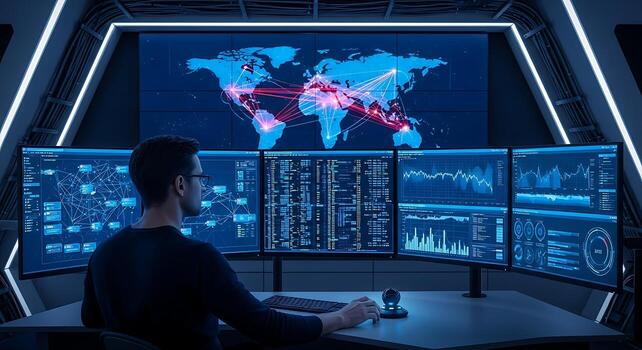 Global Network Security Analyst Monitoring Cyber Threat Intelligence on Computer Screens photo