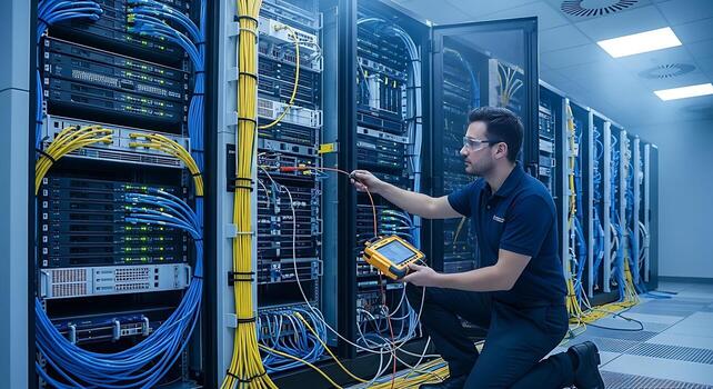 IT Engineer Working in Data Center Server Room Network Infrastructure Technician photo