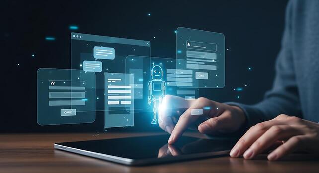 AI Robot Interface Concept Human Interacting with Digital Automation on Tablet photo