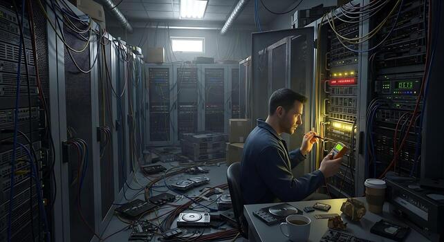 IT Technician Working in Data Center Server Room Network Administrator photo