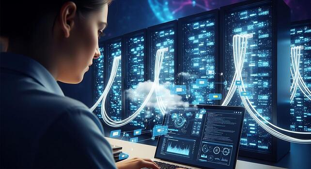 Data Center Administrator Monitoring Server Racks and Digital Information on Laptop photo