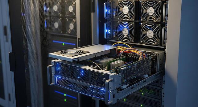 Modern Data Center Server Rack Display with Fans and Circuit Boards photo