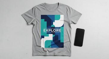 gris t camisa con explorar gráfico y teléfono inteligente minimalista estilo de vida concepto foto