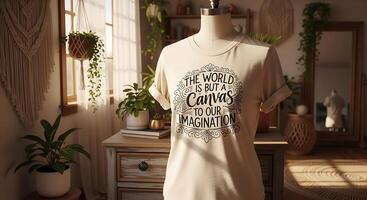 inspirador t camisa con un citar en un bohemio habitación foto