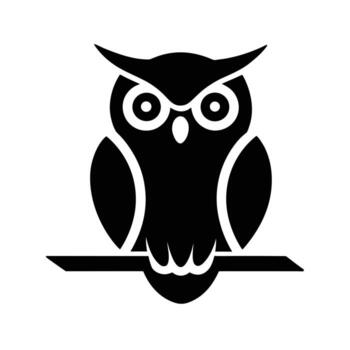 Black silhouette of an owl perched on a horizontal branch with large round eyes and pointed ear tufts on a white background vector