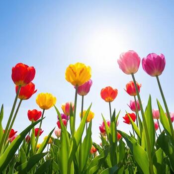 Vibrant Colorful Tulips in a Spring Field. photo