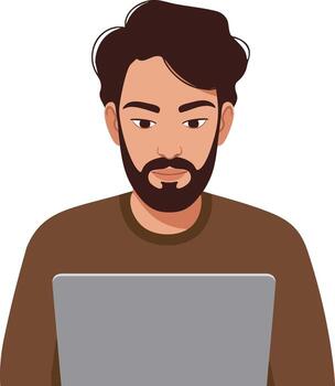 hombre con barba trabajando en ordenador portátil enfocado en pantalla digital espacio de trabajo ilustración vector