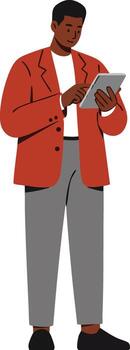 hombre en oxido chaqueta utilizando digital tableta en pie en blanco antecedentes ilustración vector