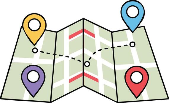 Folded map with colorful location pins and dashed route path illustration vector