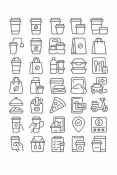 Food delivery and takeout service line icon set. A collection of minimalist symbols for to-go coffee, fast food, and online ordering apps. graphic elements vector