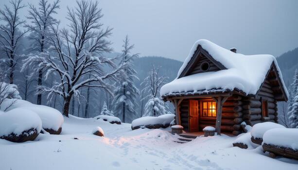 a rustic snowy hut glows faintly, stacked logs piled high against frosted wooden walls. photo