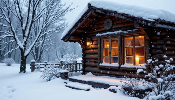 frosted windows on a rustic hut reflect soft candlelight beneath blankets of fresh falling snow. photo