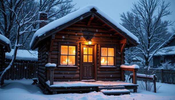 frosted windows sparkle on a rustic hut, candlelight glowing softly within the silent snow. photo