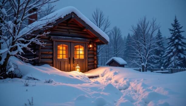 a snowy hut glows faintly, lanterns shimmering gently on frozen door. photo
