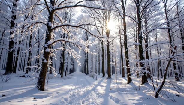 winter forest trees coated in frost sway gently, sunlight glinting softly on icy branches above the snow. photo