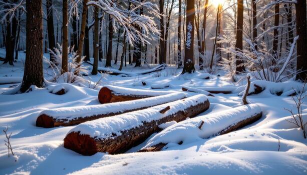 frozen logs lie scattered in the winter forest, sunlight reflecting off frost coated branches above gently. photo