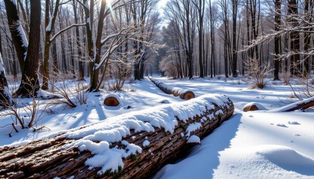 frozen logs lie scattered across the winter forest, sunlight reflecting off frost coated branches above gently. photo
