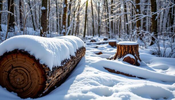 nieve mantas caído registros y árbol tocones en el invierno bosque, escarcha reluciente suavemente en Mañana ligero. foto